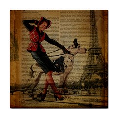 Paris Girl And Great Dane Vintage Newspaper Print Sexy Hot Gil Elvgren Pin Up Girl Paris Eiffel Towe Ceramic Tile by chicelegantboutique