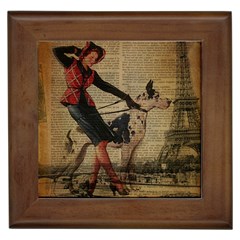 Paris Girl And Great Dane Vintage Newspaper Print Sexy Hot Gil Elvgren Pin Up Girl Paris Eiffel Towe Framed Ceramic Tile by chicelegantboutique