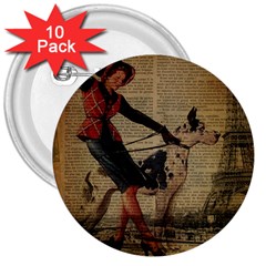 Paris Girl And Great Dane Vintage Newspaper Print Sexy Hot Gil Elvgren Pin Up Girl Paris Eiffel Towe 3  Button (10 Pack) by chicelegantboutique