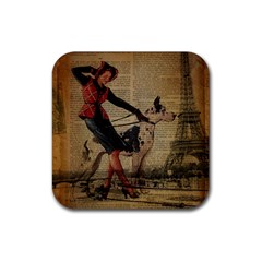 Paris Girl And Great Dane Vintage Newspaper Print Sexy Hot Gil Elvgren Pin Up Girl Paris Eiffel Towe Drink Coaster (square)
