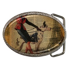 Paris Girl And Great Dane Vintage Newspaper Print Sexy Hot Gil Elvgren Pin Up Girl Paris Eiffel Towe Belt Buckle (oval) by chicelegantboutique