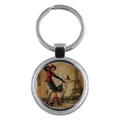 Paris Girl And Great Dane Vintage Newspaper Print Sexy Hot Gil Elvgren Pin Up Girl Paris Eiffel Towe Key Chain (round) by chicelegantboutique