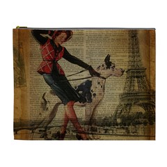 Paris Girl And Great Dane Vintage Newspaper Print Sexy Hot Gil Elvgren Pin Up Girl Paris Eiffel Towe Cosmetic Bag (xl) by chicelegantboutique