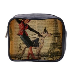 Paris Girl And Great Dane Vintage Newspaper Print Sexy Hot Gil Elvgren Pin Up Girl Paris Eiffel Towe Mini Travel Toiletry Bag (two Sides) by chicelegantboutique