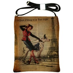 Paris Girl And Great Dane Vintage Newspaper Print Sexy Hot Gil Elvgren Pin Up Girl Paris Eiffel Towe Shoulder Sling Bag