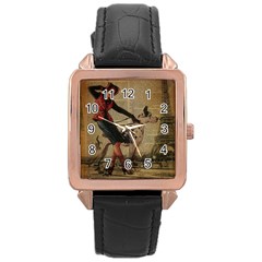 Paris Girl And Great Dane Vintage Newspaper Print Sexy Hot Gil Elvgren Pin Up Girl Paris Eiffel Towe Rose Gold Leather Watch  by chicelegantboutique