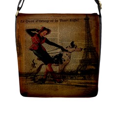 Paris Girl And Great Dane Vintage Newspaper Print Sexy Hot Gil Elvgren Pin Up Girl Paris Eiffel Towe Flap Closure Messenger Bag (large) by chicelegantboutique