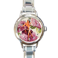 Cute Purple Dress Pin Up Girl Pink Rose Floral Art Round Italian Charm Watch by chicelegantboutique