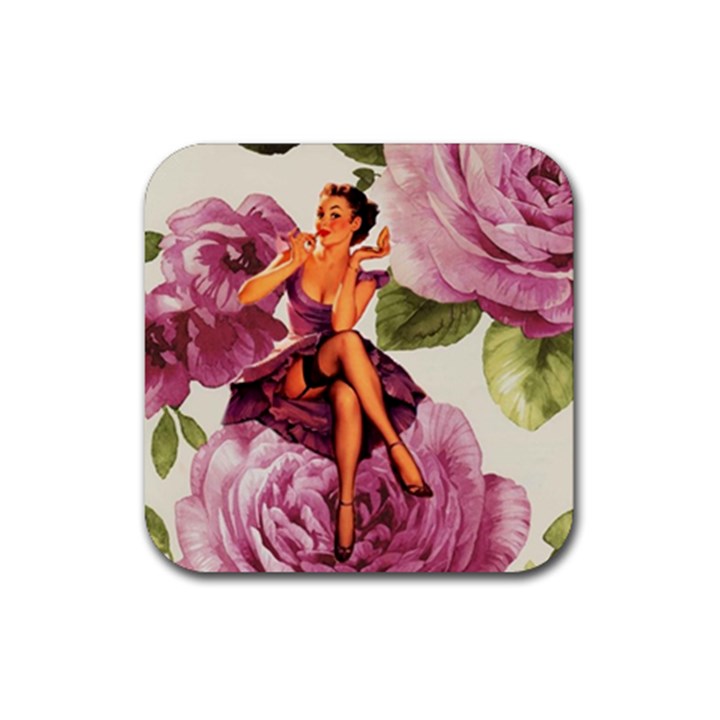 Cute Purple Dress Pin Up Girl Pink Rose Floral Art Drink Coaster (Square)