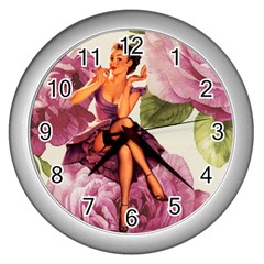 Cute Purple Dress Pin Up Girl Pink Rose Floral Art Wall Clock (silver) by chicelegantboutique