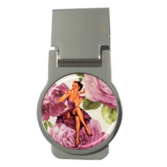 Cute Purple Dress Pin Up Girl Pink Rose Floral Art Money Clip (round) by chicelegantboutique