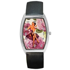 Cute Purple Dress Pin Up Girl Pink Rose Floral Art Tonneau Leather Watch by chicelegantboutique