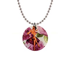 Cute Purple Dress Pin Up Girl Pink Rose Floral Art Button Necklace