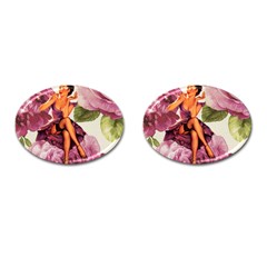 Cute Purple Dress Pin Up Girl Pink Rose Floral Art Cufflinks (oval) by chicelegantboutique