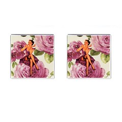 Cute Purple Dress Pin Up Girl Pink Rose Floral Art Cufflinks (square) by chicelegantboutique
