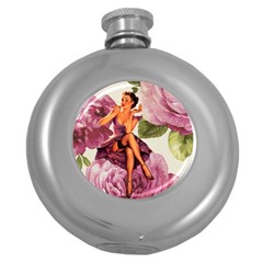 Cute Purple Dress Pin Up Girl Pink Rose Floral Art Hip Flask (round) by chicelegantboutique