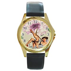 Gil Elvgren Pin Up Girl Purple Flower Fashion Art Round Metal Watch (gold Rim)  by chicelegantboutique