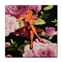 Cute Gil Elvgren Purple Dress Pin Up Girl Pink Rose Floral Art Ceramic Tile by chicelegantboutique