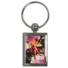 Cute Gil Elvgren Purple Dress Pin Up Girl Pink Rose Floral Art Key Chain (rectangle) by chicelegantboutique