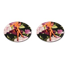 Cute Gil Elvgren Purple Dress Pin Up Girl Pink Rose Floral Art Cufflinks (oval) by chicelegantboutique