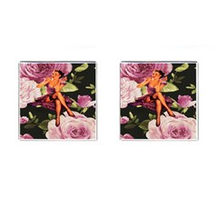 Cute Gil Elvgren Purple Dress Pin Up Girl Pink Rose Floral Art Cufflinks (square) by chicelegantboutique