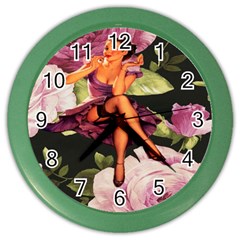 Cute Gil Elvgren Purple Dress Pin Up Girl Pink Rose Floral Art Wall Clock (color) by chicelegantboutique