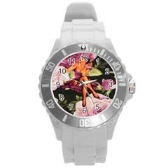 Cute Gil Elvgren Purple Dress Pin Up Girl Pink Rose Floral Art Plastic Sport Watch (large) by chicelegantboutique