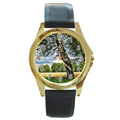 Trees Round Metal Watch (gold Rim)  by Siebenhuehner