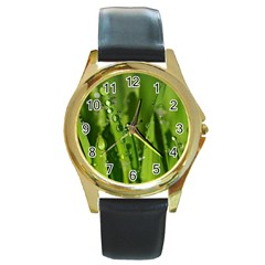 Grass Drops Round Leather Watch (gold Rim)  by Siebenhuehner