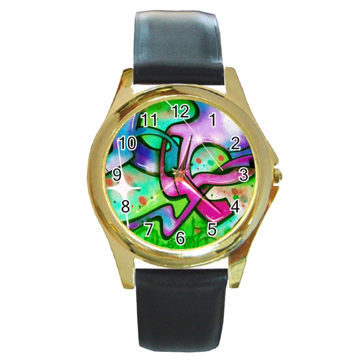 Graffity Round Leather Watch (Gold Rim) 