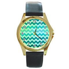 Chevron Round Leather Watch (gold Rim) 