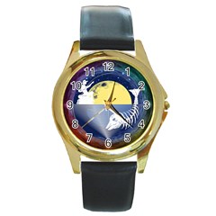 Fishing Dead Round Leather Watch (gold Rim) 