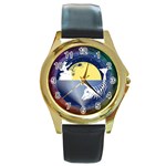 Fishing Dead Round Leather Watch (Gold Rim)  Front