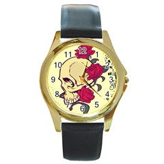 Skeleton Round Leather Watch (gold Rim) 