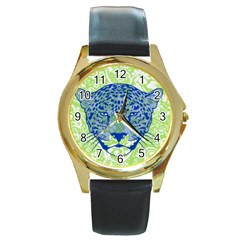 Cheetah Alarm Round Leather Watch (gold Rim) 