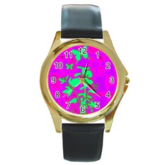 Butterfly Round Leather Watch (gold Rim) 
