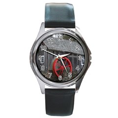 Vermont Christmas Barn Round Leather Watch (silver Rim) by plainandsimple