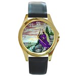 Jesus Overlooking Jerusalem - Ave Hurley - ArtRave - Round Leather Watch (Gold Rim)  Front