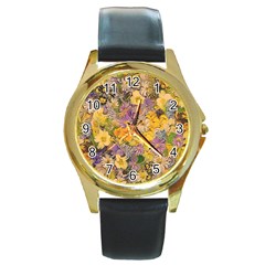 Spring Flowers Effect Round Leather Watch (gold Rim)  by ImpressiveMoments