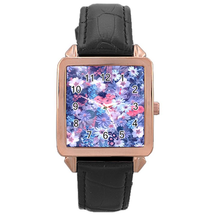 Spring Flowers Blue Rose Gold Leather Watch 