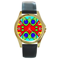 Abstract Round Leather Watch (gold Rim) 