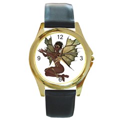 Faerie Nymph Fairy With Outreaching Hands Round Leather Watch (gold Rim)  by goldenjackal