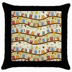 Autumn Owls Black Throw Pillow Case by Ancello