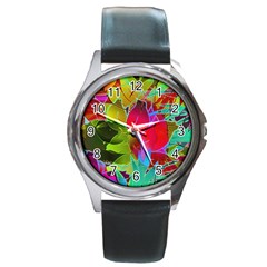 Floral Abstract 1 Round Leather Watch (silver Rim) by MedusArt