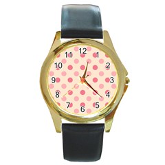 Pale Pink Polka Dots Round Leather Watch (gold Rim)  by Colorfulart23
