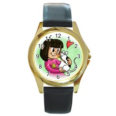 Bookcover  Copy Round Leather Watch (gold Rim) 