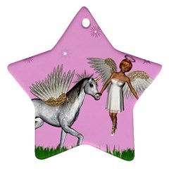 Unicorn And Fairy In A Grass Field And Sparkles Star Ornament by goldenjackal