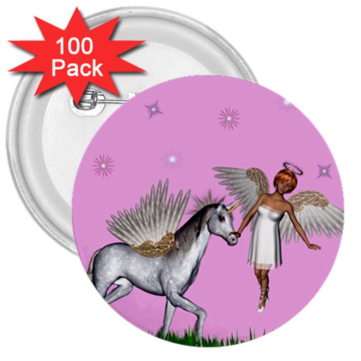 Unicorn And Fairy In A Grass Field And Sparkles 3  Button (100 pack)