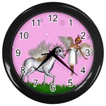 Unicorn And Fairy In A Grass Field And Sparkles Wall Clock (Black) Front