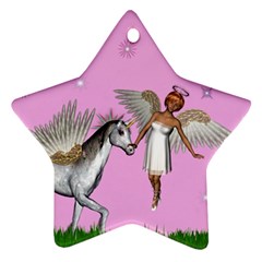 Unicorn And Fairy In A Grass Field And Sparkles Star Ornament (two Sides) by goldenjackal